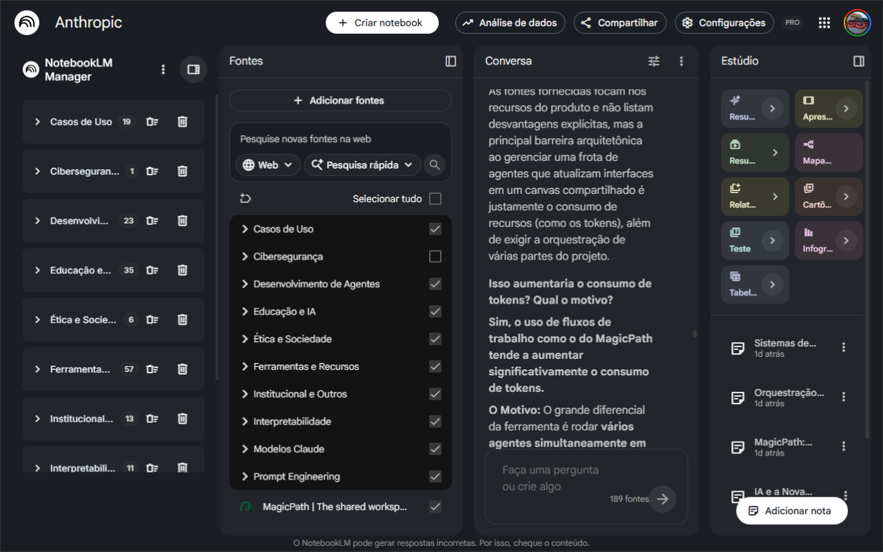 Barra lateral do NotebookLM Manager à esquerda, com a lista de grupos