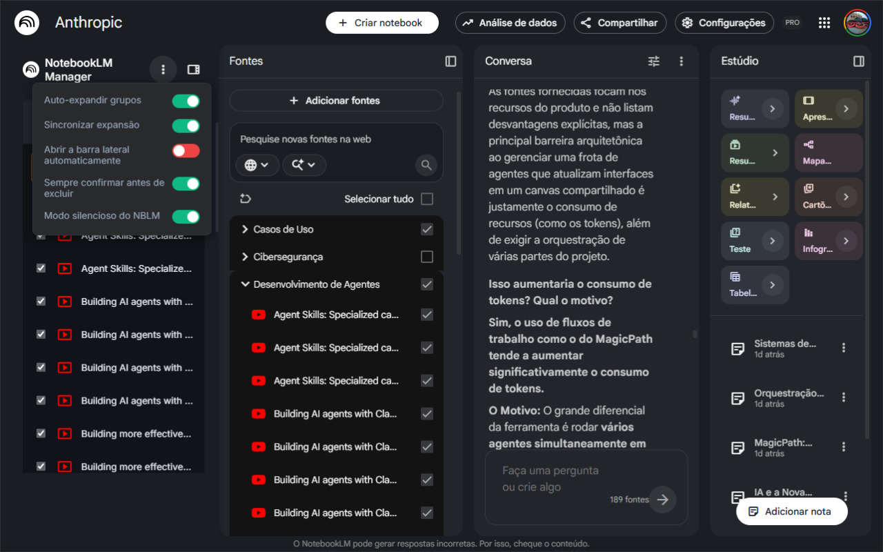 Menu de configurações com cinco chaves liga/desliga